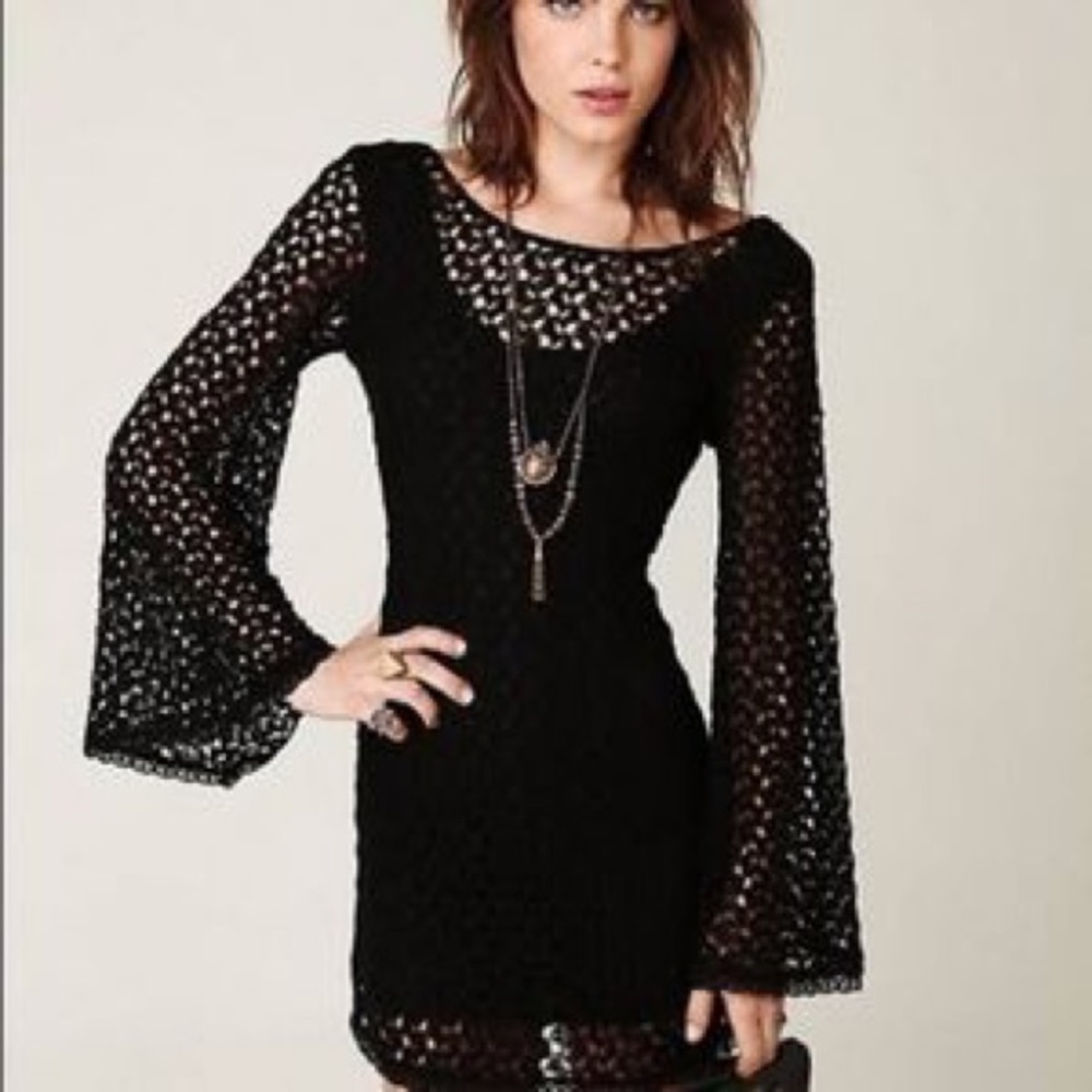 Free People Black bell sleeve crochet boho lace dress